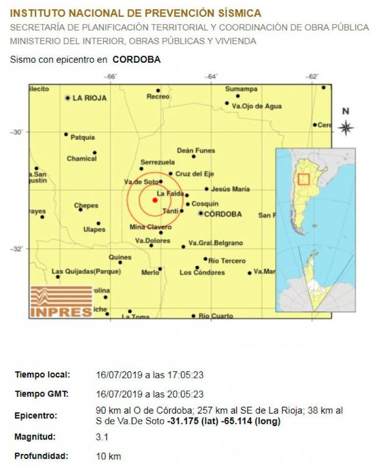 Un sismo sorprendió al oeste de Córdoba