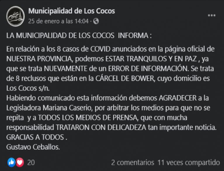 Un supuesto brote de coronavirus alarmó a Los Cocos: la explicación del intendente