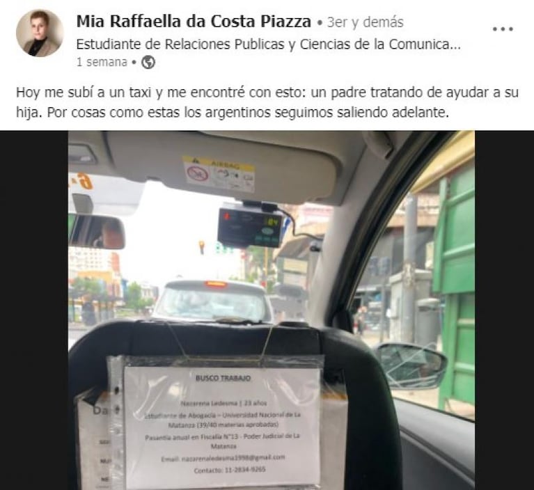 Un taxista puso el currículum de su hija en el asiento del auto y la llamaron para entrevistarla