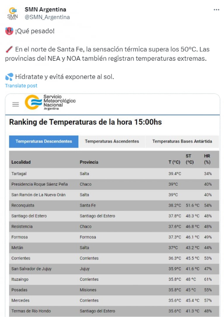 Un verdadero horno: una ciudad de Argentina sufrió 50°de térmica