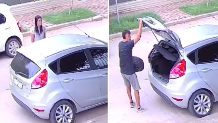 Una cámara de seguridad captó a una pareja de roba ruedas en barrio Argüello. (Foto: captura video) 