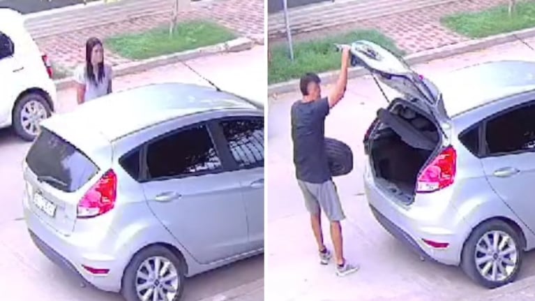 Una cámara de seguridad captó a una pareja de roba ruedas en barrio Argüello. (Foto: captura video)
