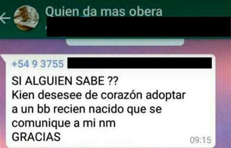 Una embarazada ofreció a su bebé en un grupo de Whatsapp