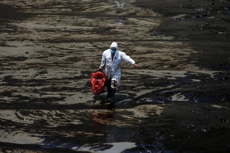 Una gran cantidad de petroleo fue derramada en una playa de Perú.
