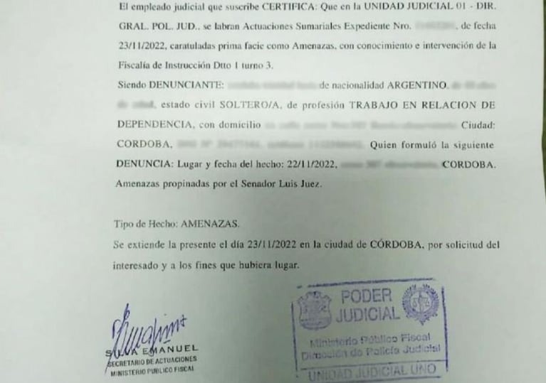 Una joven denunció a Luis Juez por supuestas amenazas en Córdoba