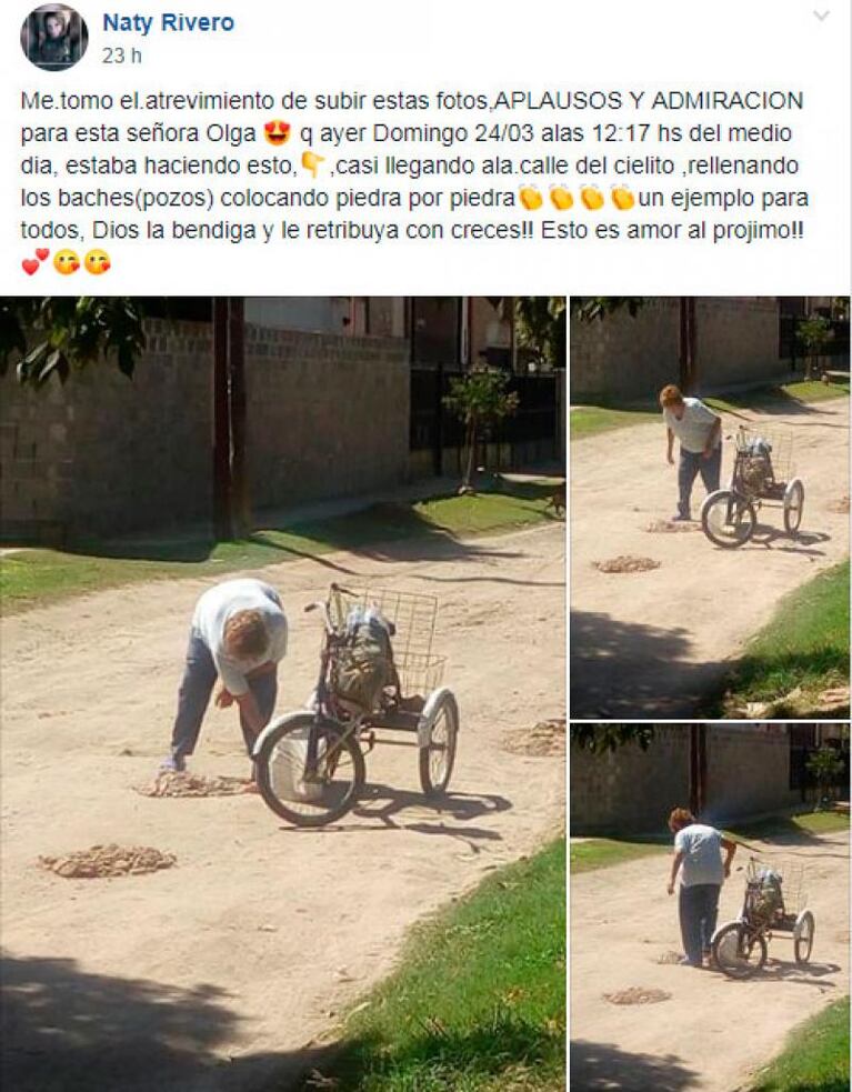 Una jubilada de Guiñazú salió a tapar baches y emocionó al barrio