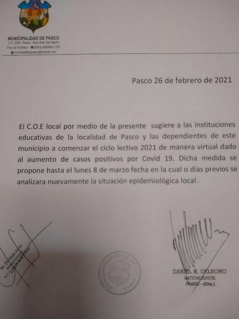 Una localidad cordobesa no volverá a clases presenciales por un brote de coronavirus