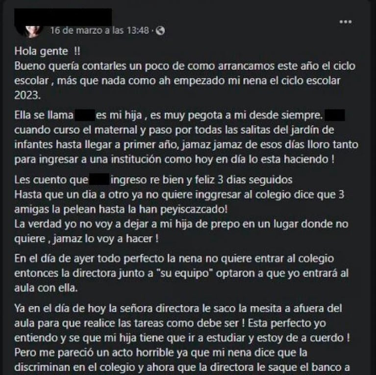 Una nena sufría bullying en clase y la “solución” de la escuela indignó a su mamá