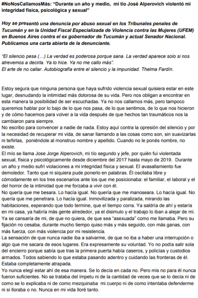 Una sobrina de Alperovich lo denunció por violación: la defensa del senador por Tucumán