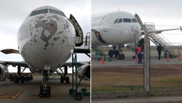  Una tormenta de granizo destrozó la trompa de un avión