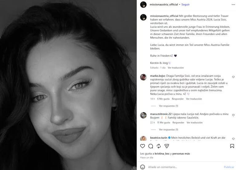 Uno de los mensajes que había dejadop Miss Austria en sus redes sociales