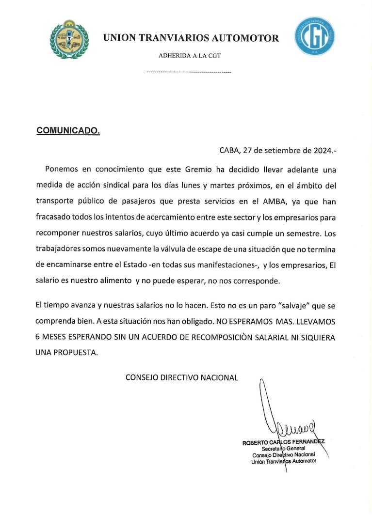 UTA anunció paro de colectivos pero el Gobierno dictó la conciliación obligatoria 