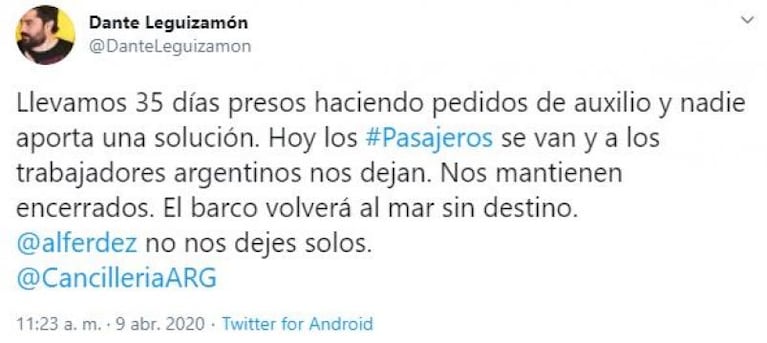 Varado en un crucero: el periodista cordobés Dante Leguizamón le pide auxilio al presidente