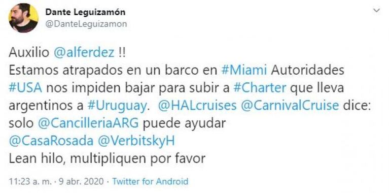 Varado en un crucero: el periodista cordobés Dante Leguizamón le pide auxilio al presidente