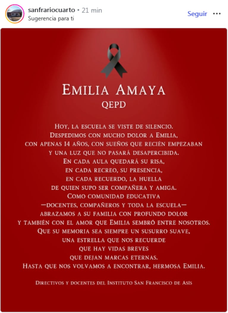 “Vidas breves que dejan marcas eternas”: el sentido mensaje por la alumna de 14 años que murió en Río Cuarto