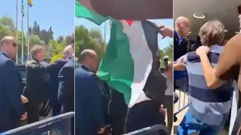 Video: dos individuos con la bandera de Palestina intentaron agredir a Javier Milei en Israel