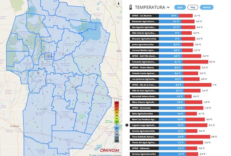 Viernes helado en Córdoba: dónde se registró una mínima de -10° y de cuánto fue en capital