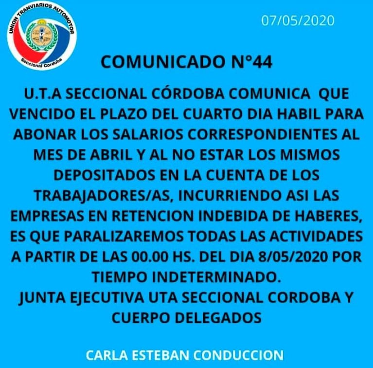 Viernes sin urbanos en Córdoba: anunciaron paro por tiempo indeterminado