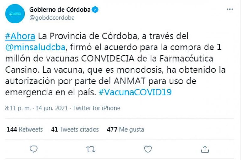 Vocero de Cansino aseguró que Córdoba aún no firmó el contrato por las vacunas