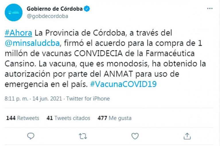 Vocero de Cansino aseguró que Córdoba aún no firmó el contrato por las vacunas