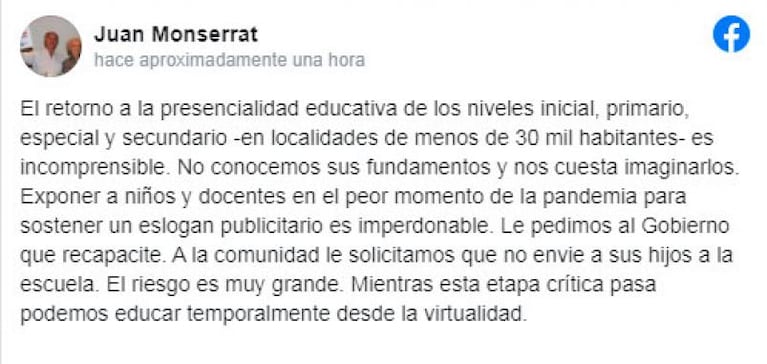 Vuelven las clases presenciales en Córdoba: UEPC pidió no mandar a los chicos al colegio