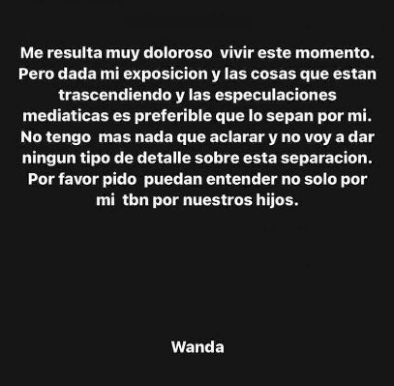 Wanda Nara confirmó su separación de Mauro Icardi: "Es muy doloroso"