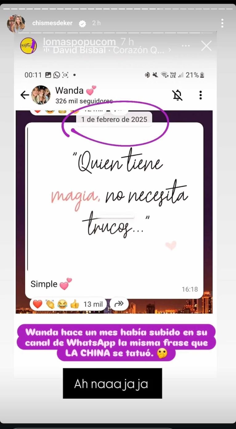 Wanda Nara había compartido la misma frase hace menos de diez días EN WhatsApp. (Foto: Instagram/@chismesdeker)