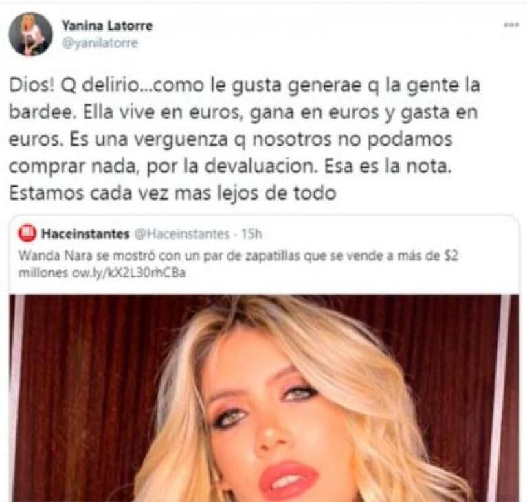 Yanina Latorre cuestionó a Wanda Nara por el increíble precio de sus zapatillas